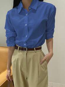 DAZY Blus Lengan Panjang Wanita Warna Polos untuk Kasual/Bisnis (untuk bepergian) - Biru - View 6