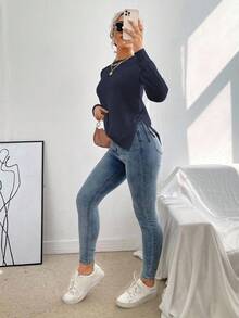 EMERY ROSE 女士休闲纯色罗纹针织侧开衩毛衣，秋冬 - 寶藍色 - 查看 4