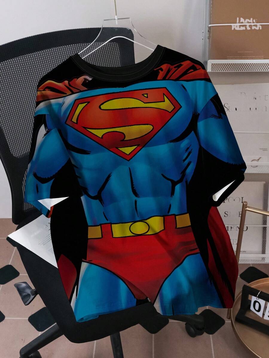 SUPERMAN X SHEIN 男士休闲人体印花圆领短袖T恤，夏季 - 白色 - 查看 1