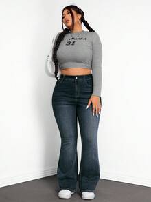 SHEIN EZwear Quần jeans ống loe cạp cao, dáng ôm, giặt thường ngày cỡ lớn - Màu xanh lam - Xem 6