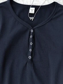 SHEIN Teen Girls Tops Tight-Fitting, Fashionable, Basic Button-Detailed Long-Sleeved Girls' Casual T-Shirt, Back To School, Simple T-Shirt, Elastic And Soft Fabric With Ribbed Texture Long Sleeve Tops Tight Fitted Tops Navy Blue Tops Tight Tops Fitted Tops Fall Winter Tight Shirts - Navy Blue - View 4