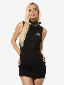 SUMWON WOMEN Váy ngắn Gothic Cross Cotton không tay, bó sát, cổ cao, thích hợp cho lễ hội, câu lạc bộ nhạc rock thay thế, tiệc đêm, thời trang thu đông cho lễ Halloween - màu đen - Xem 8