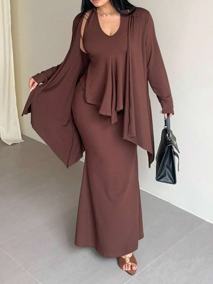Flirla 加大码纯色优雅开衫、细肩带吊带背心和鱼尾裙三件套女士秋季服装 - 棕色 - 查看 1