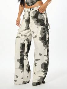 SUMWON WOMEN Jeans de pierna ancha y holgada de mezclilla con estampado de vaca de talle bajo para mujer, estilo de calle para otoño e invierno - Blanco y Negro - Ver 1