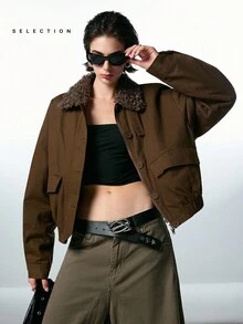 LYSMO 女士时尚休闲美亚德仿毛领夹棉大衣 - 橄欖綠 - 查看 4