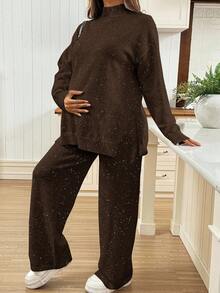 SHEIN Maternity Casual Warm Solid Color Side Slit Sweater And Pants Set, Autumn/Winter - Coffee Brown - View 5