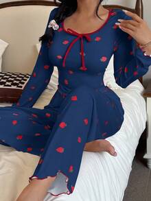 SHEIN 草莓印花长袖上衣和裤子睡衣套装，秋冬服装 - 藍色 - 查看 4