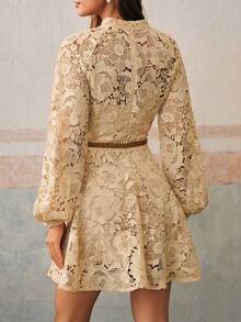 Anewsta Đầm tay đèn lồng họa tiết hoa thêu ren cổ điển thanh lịch lãng mạn dành cho nữ, thích hợp cho năm mới, tiệc tùng, tốt nghiệp - Màu be - Xem 2