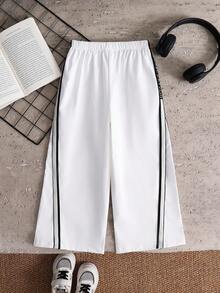 SHEIN Little Byeori 1 Piece Young Boy Casual Sports College Street Japanese And Korean Loose Fit Ribbon Decorated Pants Suitable For Back To School, Birthday Parties, Evening Parties - White - View 2