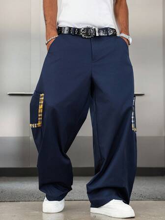 Street Life Pantaloni casual da uomo con motivo a quadri e patchwork, stile universitario, autunnale