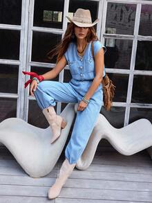 EMERY ROSE 女式休闲时尚V领纽扣牛仔连体裤 - 藍色 - 查看 1