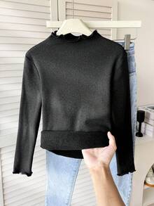 SHEIN Tween Girls' Basic Casual Sporty Turtleneck Ribbed Trim Long Sleeve Pullover Fitted Fleece Lined Knit Turtleneck T-Shirt, Black Fleece Lined Turtlenecks Black Sweaters For Teens Cute Black Tops Black Tops For Tweens