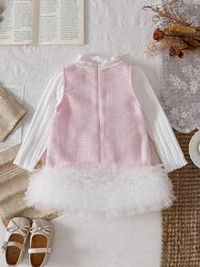 SHEIN Elladie kids 2 件套女婴秋冬校服套装，3 个月 - 3 岁，白色多层荷叶边网眼蛋糕裙连衣裙和粉色无袖高领罗纹针织上衣，舒适时尚 - 彩色 - 查看 2