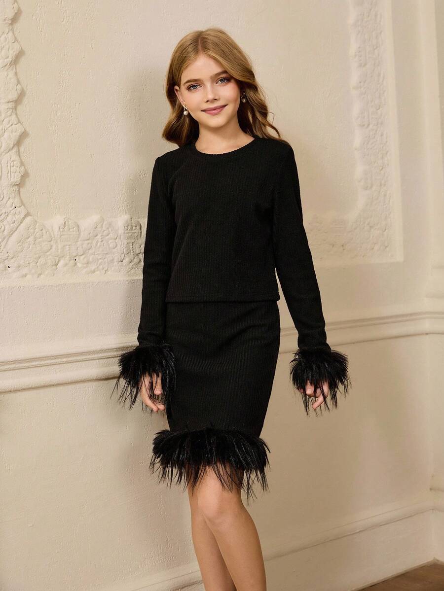 Girls Elegant Casual Round Neck Long Sleeve Fitted Fuzzy Ribbed Splice T-Shirt With High Waist Short Skirt Set, Back To School Outfit, Suitable For All Seasons, Christmas, Halloween Party Fall Winter - Black - View 1