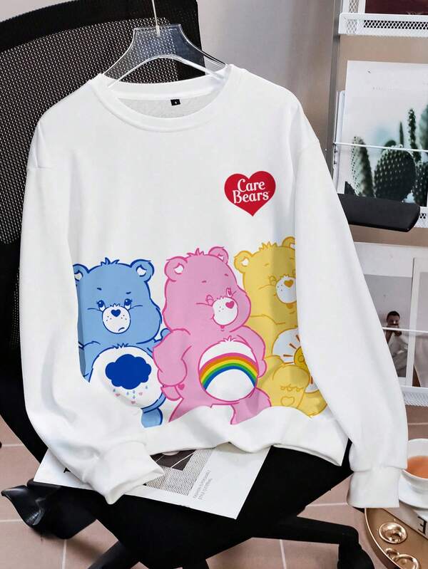 SHEIN X Care Bears Crew Neck Long Sleeve White Comfortable Autumn/Winter Sweatshirt, Cheer Bears Bear Funshine Bear Cartoon Heart & English Letter Print Pattern For Women