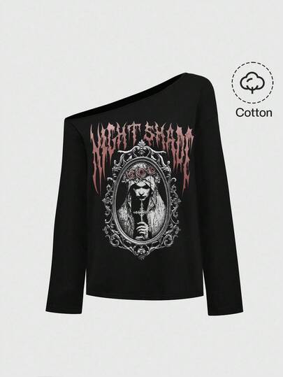 Goth Gothic Dark Palace Luxurious Slogan Bloodstain Floral Vine New Year Witch Mysterious Cotton Loose Long Sleeve T-Shirt