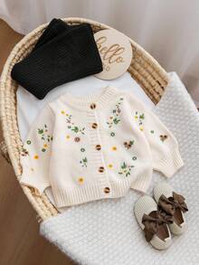 SHEIN Babygirl 花卉图案针织毛衣和松紧腰裤套装，米色，休闲百搭，适合秋冬 - 彩色 - 查看 8
