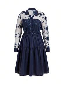 Ellevyn Rochie elegantă cu volane și broderie florală din plasă, model patchwork, cu nasturi și jumătate de pat, mărime plus - Albastru marin - Vizualizare 7