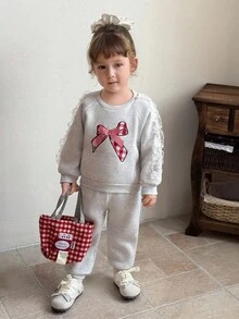 SHEIN 女婴新生儿0-3岁可爱爱心图案长袖卫衣和打底裤套装，百搭日常穿着，秋冬季 - 灰色 - 查看 5
