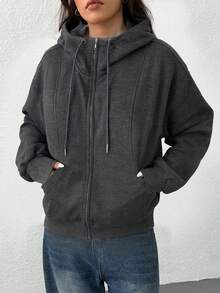 SHEIN EZwear Áo nỉ trùm đầu dài tay có khóa kéo phía trước cỡ lớn có túi cho mùa thu/đông - Màu xám đen - Xem 3