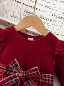 Babygirl 可爱优雅天鹅绒撞色网眼格子长袖连衣裙 - 紅色 - 查看 4