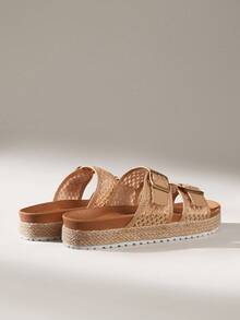 Solecia Women's Straw Woven Round Toe Flat Thick Sole Casual Vacation Beach Holiday Party Afternoon Tea Slip-On Sandals, Apricot - Apricot - View 5