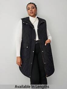 SHEIN Tall CURVE Große Größen Geometrisch gesteppter Stehkragen Reißverschluss-Vier-Knopf Patchentasche Wattierte Jacke für Herbst und Winter für Frauen - marineblau - Übersicht 1