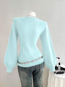 Elamini Suéter holgado de punto de unicolor con cuello en V y mangas farol para mujer