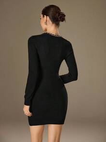 Modelyn Women's U-Neck Fitted Long Sleeve Black Sweater Dress - Black - View 2