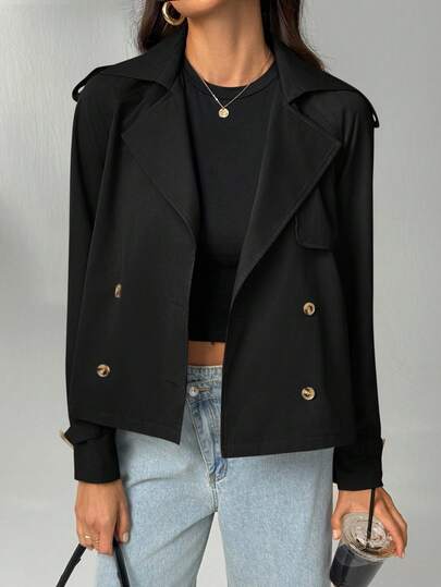 SHEIN Tall Women's Casual Black Short Trench Coat With Lapel Collar And Long Raglan Sleeves Woven Fabric With Pockets Blazers For Women Black Jacket Women Cropped Blazer Cropped Jacket Women Blazer Jacket Autumn Winter Clothes For Women