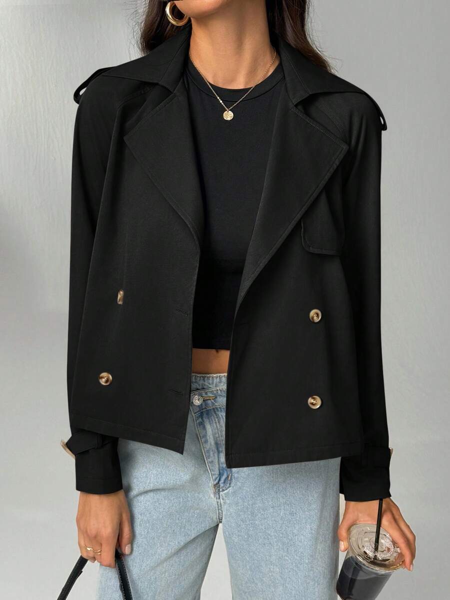 SHEIN Tall Áo khoác dạ ngắn màu đen thường ngày dành cho nữ có cổ ve và tay áo dài raglan bằng vải dệt có túi Áo khoác blazer cho nữ Áo khoác đen Áo khoác blazer ngắn cho nữ Áo khoác blazer nữ Quần áo thu đông cho nữ - màu đen - Xem 1