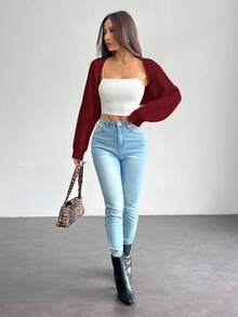 SHEIN PETITE 女士芭蕾舞风罗纹针织插肩袖短款开衫（不含吊带背心），红色上衣，适合新年、感恩节、圣诞节等场合。 - 酒紅色 - 查看 4