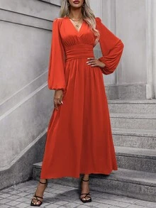 EMERY ROSE Lantern Sleeve Ruched Split Thigh Dress Maxi Women Outfit - Orange - View 5