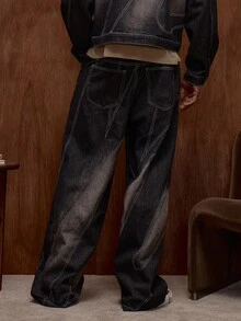 Musero 宽松水洗撞色拼接细节牛仔裤，秋冬/春夏款 - 黑色 - 查看 4