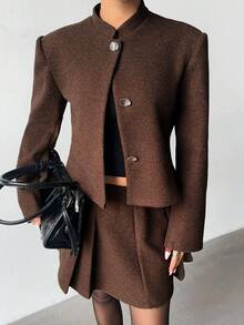 Siren Gaze 女士时尚商务西装外套和裙子两件套 - 深灰色 - 查看 3