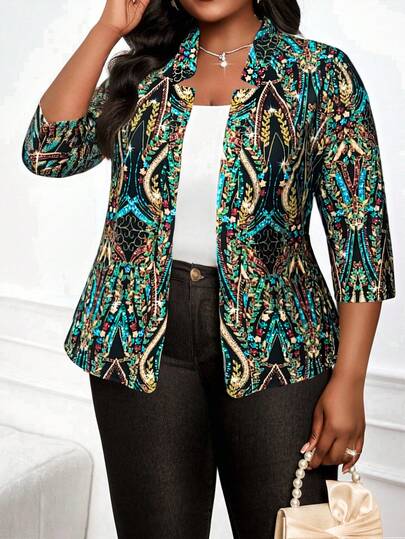 SHEIN Lady Plus Size Women's Blazer, Black Palace Rhinestone Print Suitable For All Seasons, Business Casual Women's Jacket, Floral Print Blazer Elegant Dresses For Party  School Party Top Brown Dress  Halloween Costumes Autumn Winter Clothes For Women