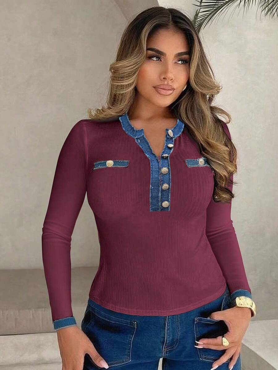 Xyvia Ladies' Autumn And Winter Elegant And Dignified Old Money Style T-Shirt - Burgundy - View 1