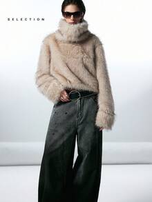 LYSMO 女士蓬松长袖短款高领保暖套头衫外套，冬季时尚