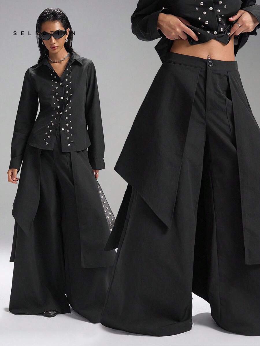 LYSMO 2025 新款极简主义秋季女装时尚黑色不对称裙摆拼接阔腿裤，日式极简主义中性风，街头极简主义廓形，垃圾摇滚暗黑时尚，前卫单品，时尚必备单品，返校节、返校节、2000 年代风格、Y2K 女装，街头潮流 - 黑色 - 查看 1