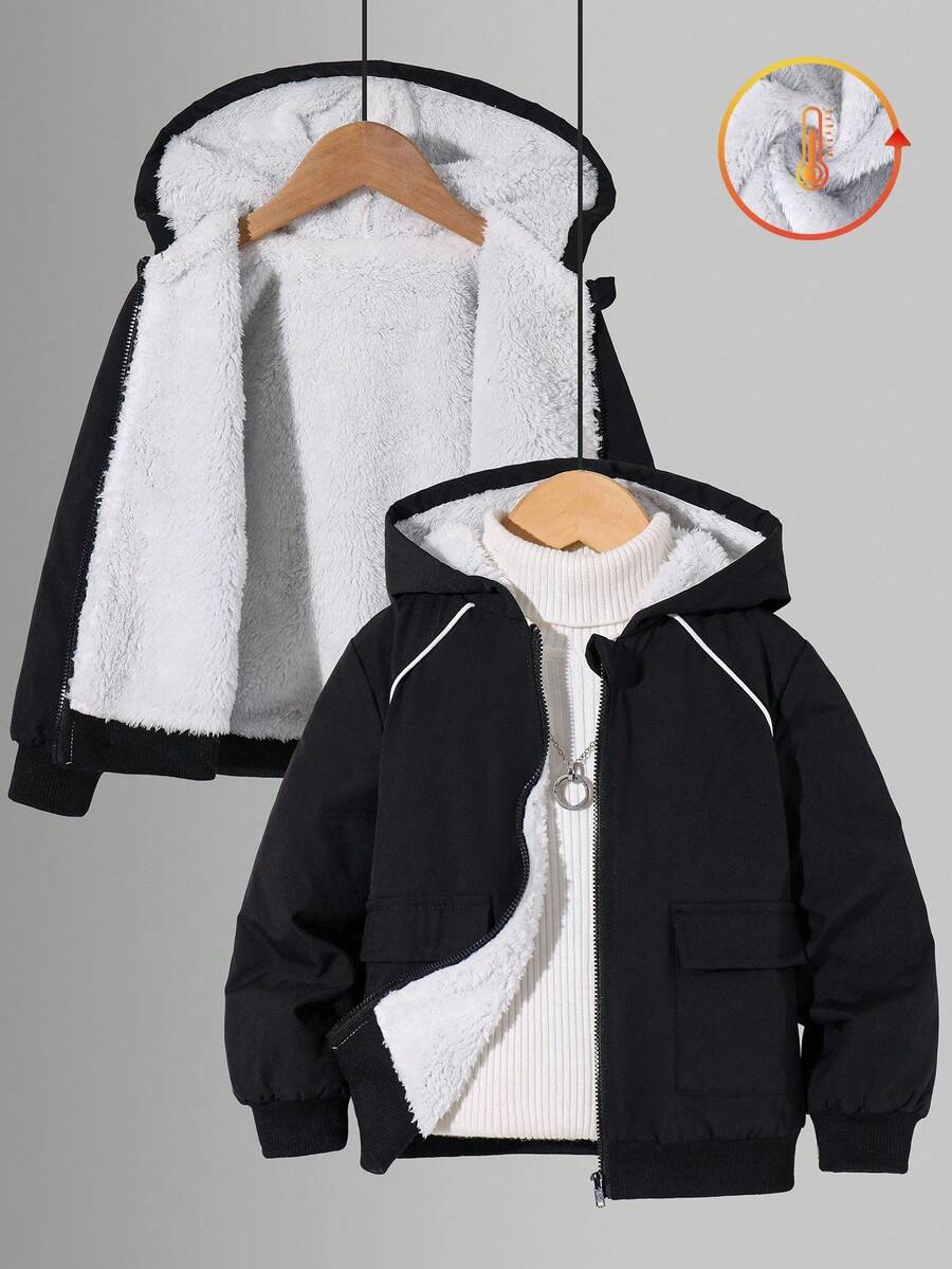 SHEIN 男童休闲舒适保暖连帽加厚外套，带口袋，黑色，白色内衬，秋冬季 - 黑色 - 查看 1