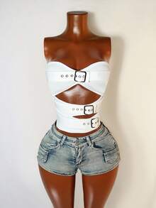 Mistrie Women's Sexy Fashion Street Buckle Detail Hollow Out Fitted Tube Top, Summer - White - View 6