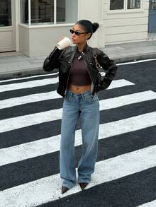 SHEIN EZwear Women's Solid Color PU Leather Zip-Up Casual Fashion Jacket Autumn Winter Clothes For Women - Black - View 3