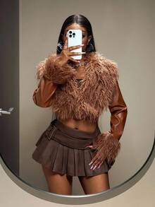 Slaydiva 2025秋冬新款休闲街头风、机车风、朋克风、个性风、前卫风、派对风、可爱甜美风、千禧年风、日常约会风、通勤风，优雅大翻领，毛领，长袖，袖口毛绒装饰，棕色PU拼接绒面短款女式外套 - 棕色 - 查看 9