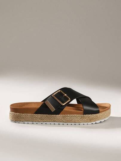 Solecia Women's Straw Woven Round Toe Flat Thick Sole Casual Vacation Beach Holiday Party Afternoon Tea Slip-On Sandals, Apricot