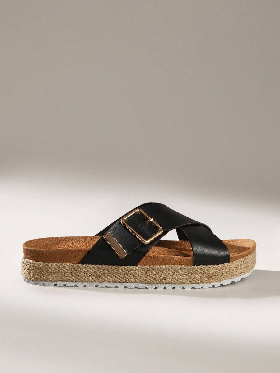 Solecia 女士草编圆头平底厚底休闲度假海滩派对下午茶一脚蹬凉鞋，杏色 - 黑色 - 查看 1