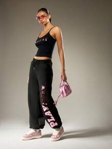 Missguided x Playboy 超大图案慢跑裤，迷彩印花文字细节，弹性腰带，休闲家居服 - 黑色 - 查看 5
