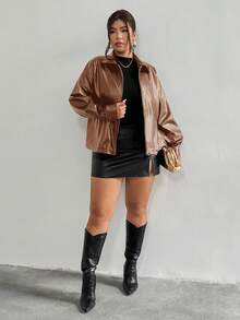 Firerie Plus Size Women Long Sleeve PU Leather Jacket Autumn Winter - Mocha Brown - View 6