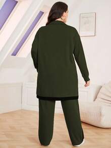 Lacomfia 2pcs Plus Size Casual Color Block Stand Collar Loose Top And Pants Set, Autumn 2 Pieces Set - Army Green - View 2