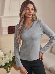 Louniche Camiseta de manga larga con cuello en V casual, con recorte de encaje y parches de unicolor, forrada térmicamente, para otoño/invierno - Gris - Ver 4