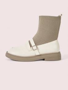 CUCCOO DOLLMOD Women's Thick Sole Loafer Sock Boots, Knitted Slim Ankle Boots, Beige, Casual College Style, Autumn/Winter - Apricot - View 7